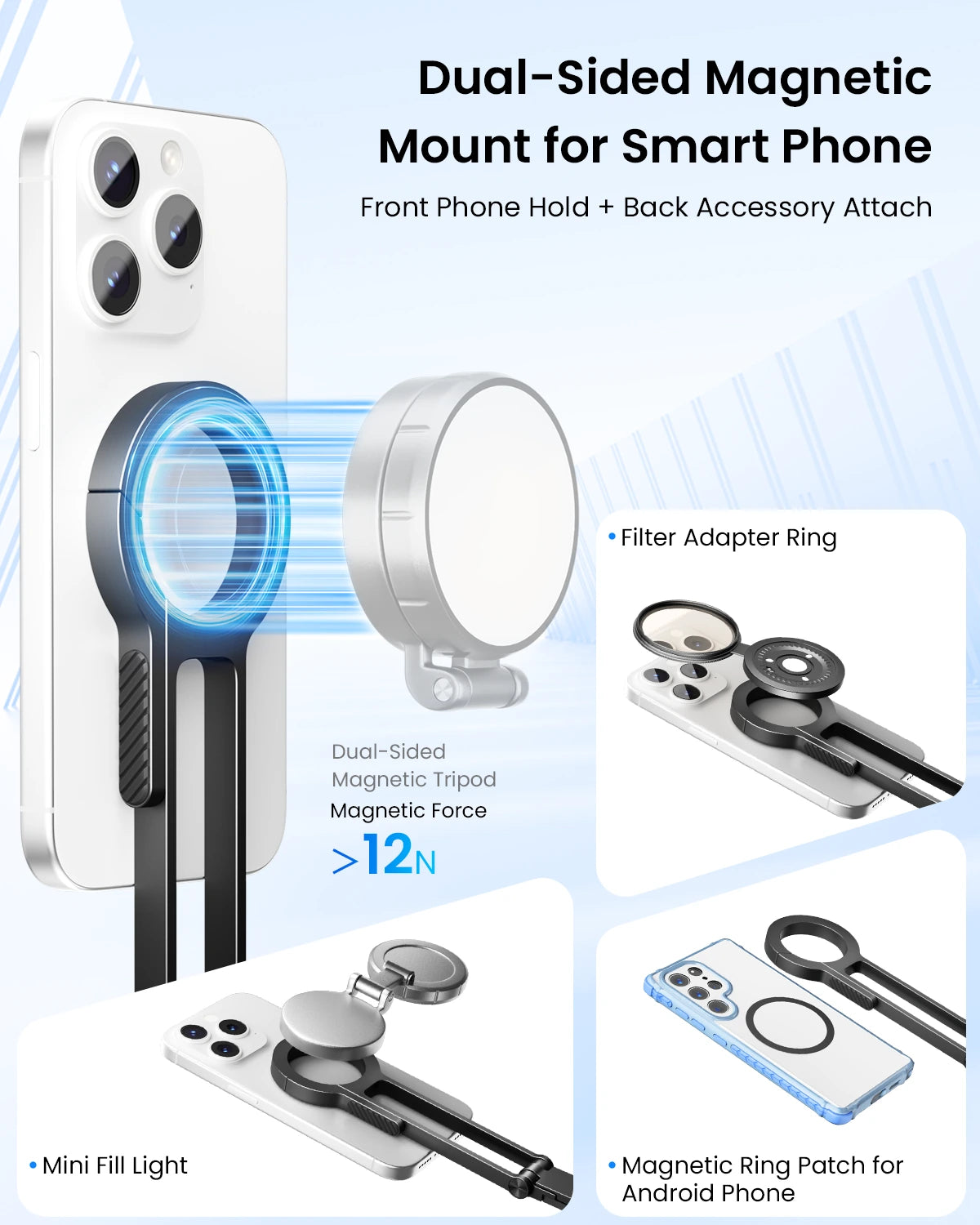 Dual-sided magnetic mount for smartphone with various attachments on a light blue background