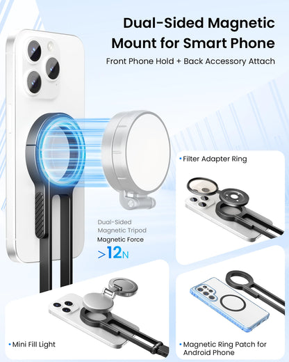 Dual-sided magnetic mount for smartphone with various attachments on a light blue background