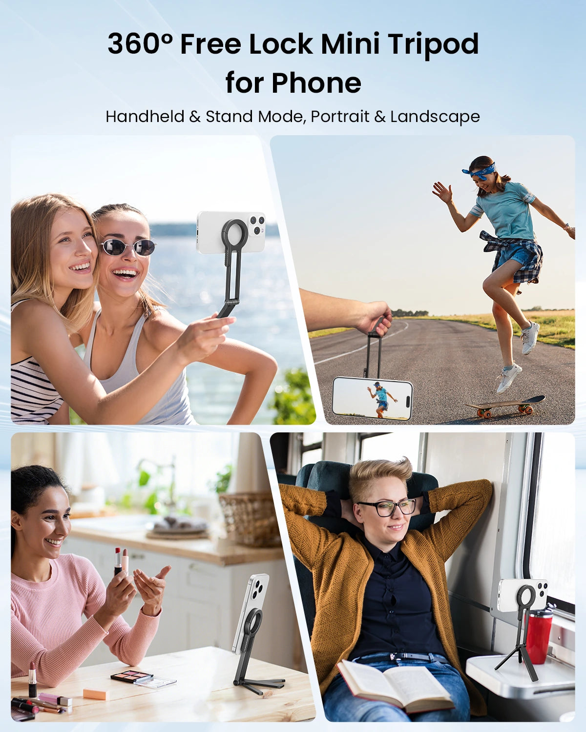 360° Free Lock Mini Tripod for Phone with various usage scenarios on a blue background.