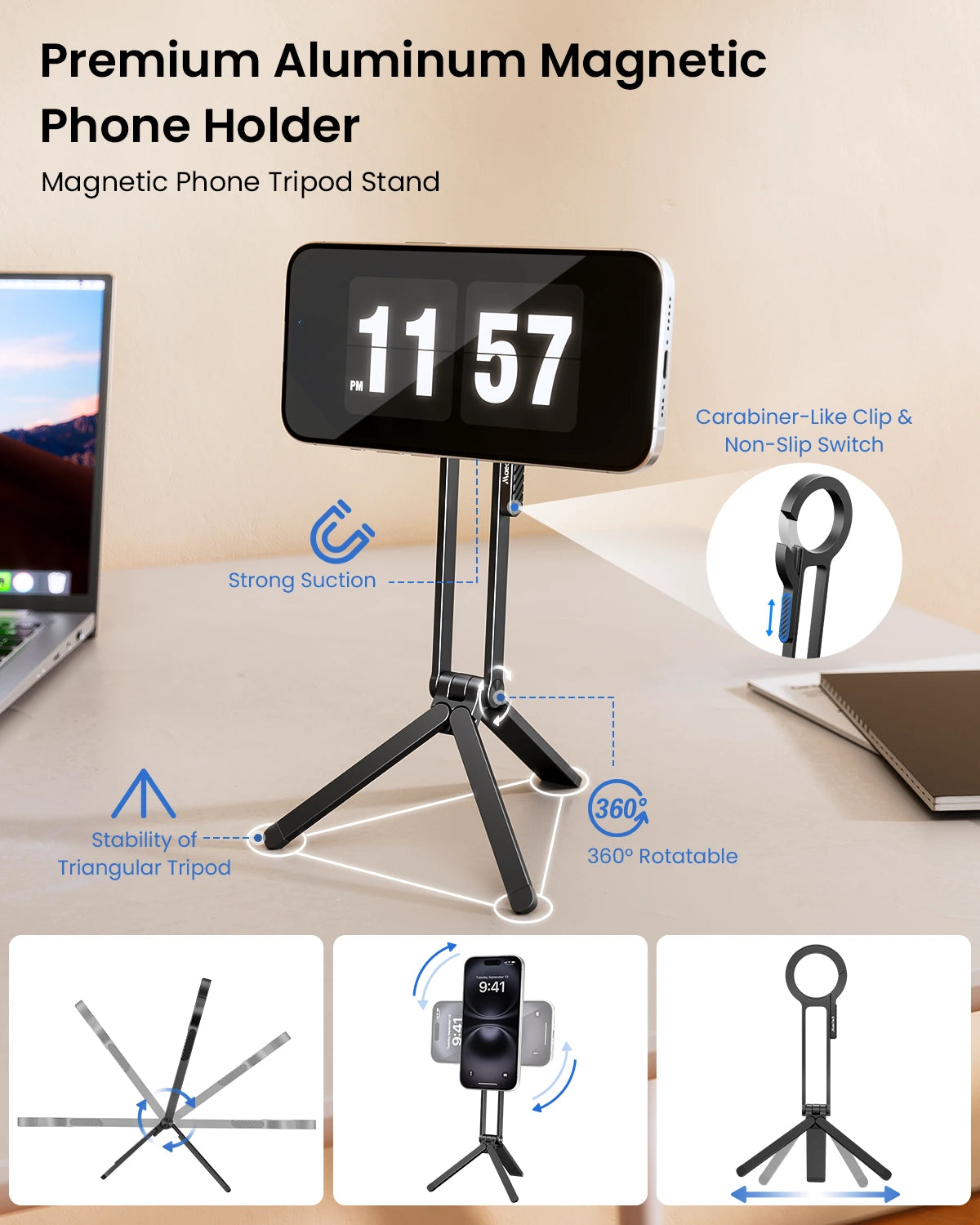Premium Aluminum Magnetic Phone Holder with features highlighted on a beige background