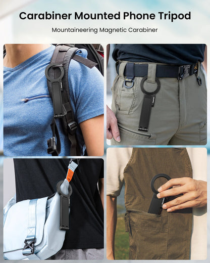 Collage of a carabiner-mounted phone tripod being used on various items.