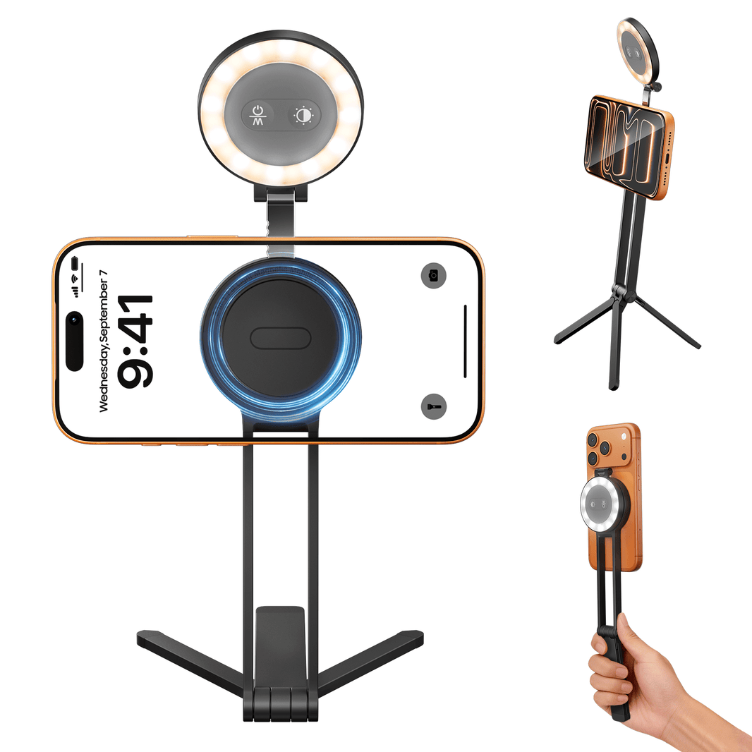 2-in-1 Magnetic Phone Tripod with Selfie Fill Light for iPhone & Magsafe