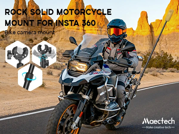Motorcyclist on a desert road with a motorcycle mount for Insta 360, featuring Maectech branding.