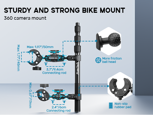 Sturdy and strong bike mount with 360 camera mount features on a blue background