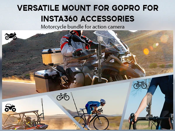 Versatile mount for GoPro and Insta360 accessories on a motorcycle with scenic background