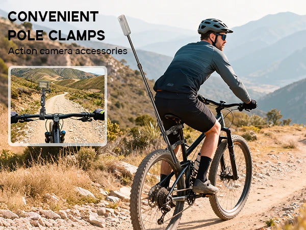 Man riding a bike with a motorcycle and bike camera mount pole clamp in a mountainous area.
