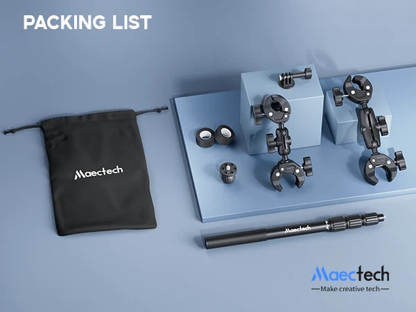 Packing list with Maectech motorcycle and bike camera mount accessories on a blue background.