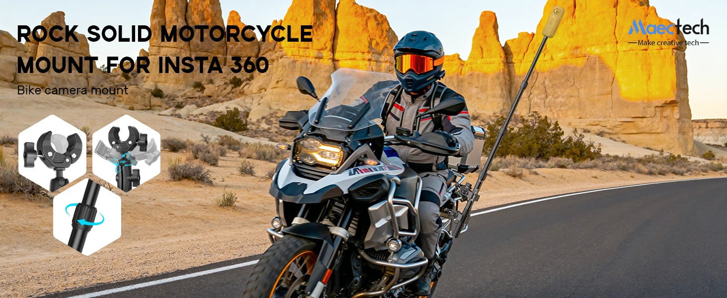 Motorcycle with mounted camera and person riding on a desert road