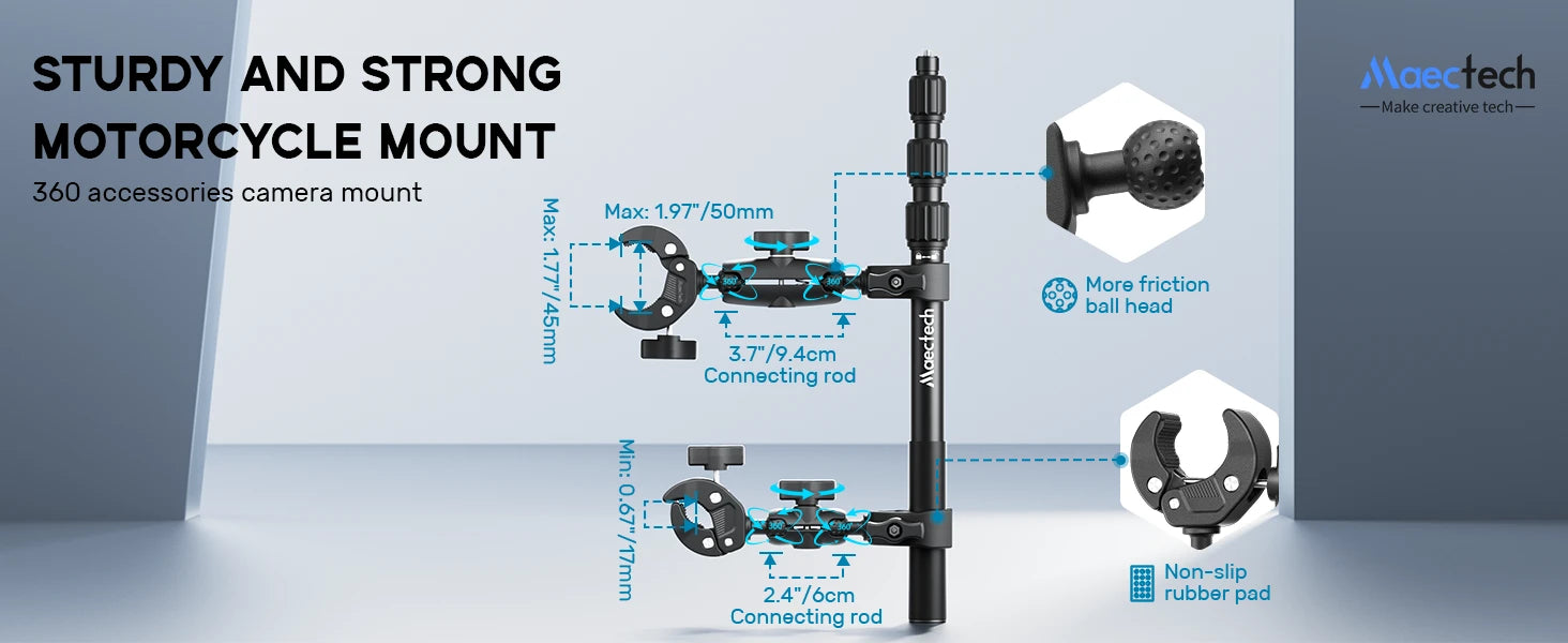 Motorcycle mount with technical details and Maectech branding on a gray background