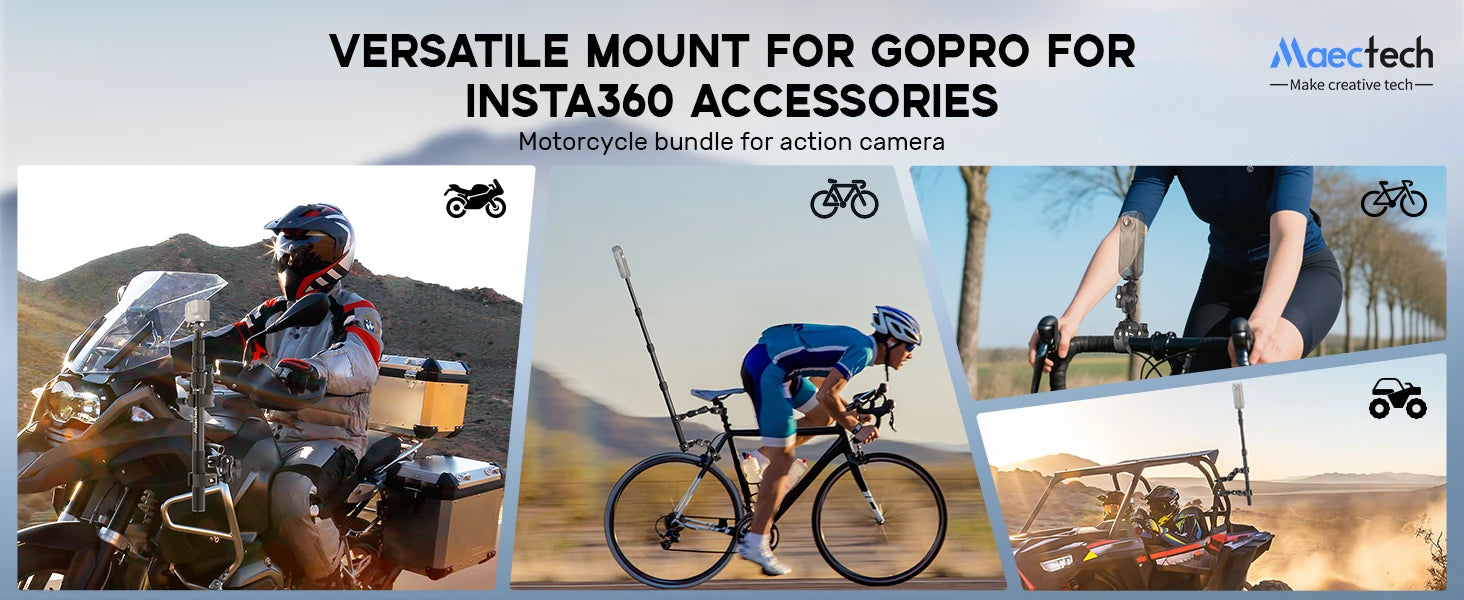 Motorcycle bundle for action camera with GoPro and Insta360 accessories, featuring multiple use scenarios.