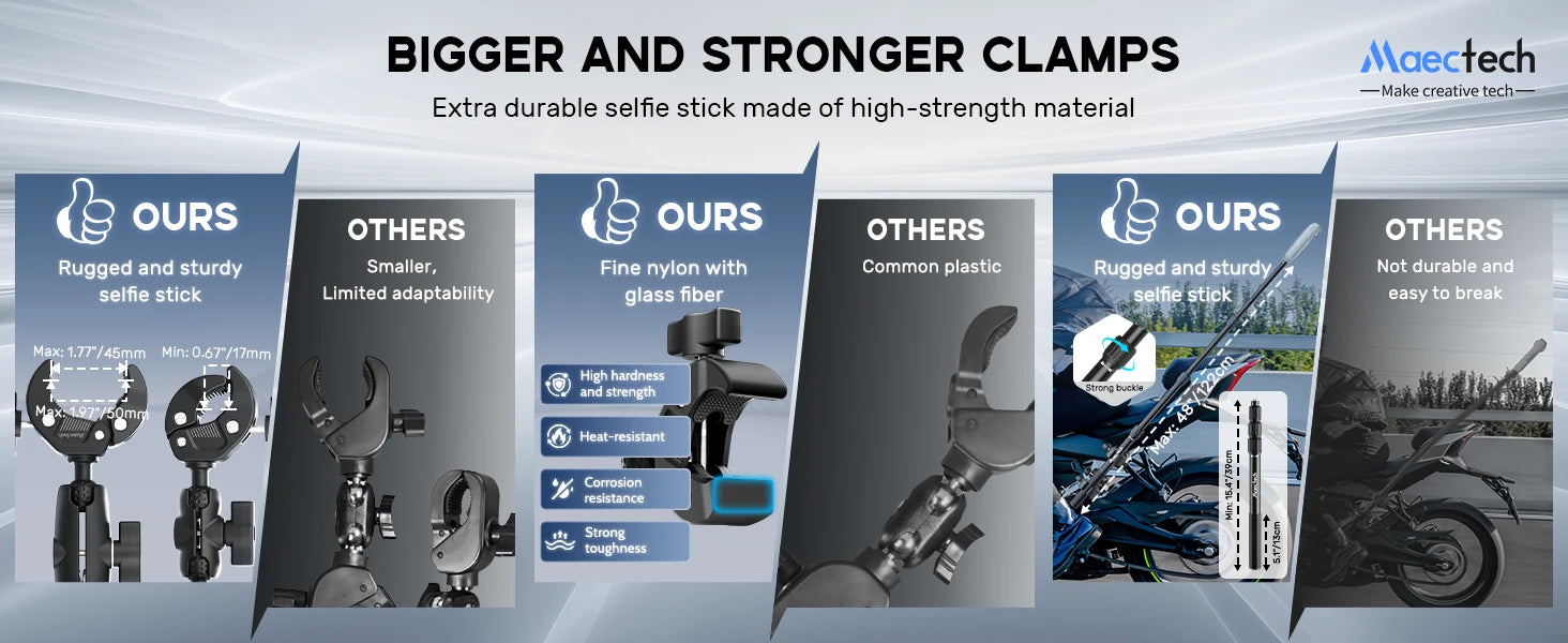 Maectech bike and motorcycle camera mount clamp comparison features on a blue background.