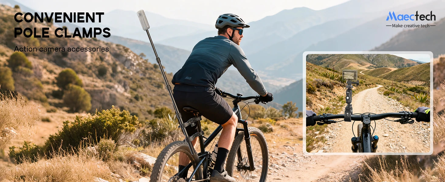 Person riding a bike using a Maectech bike and motorcycle camera mount on a mountain trail.