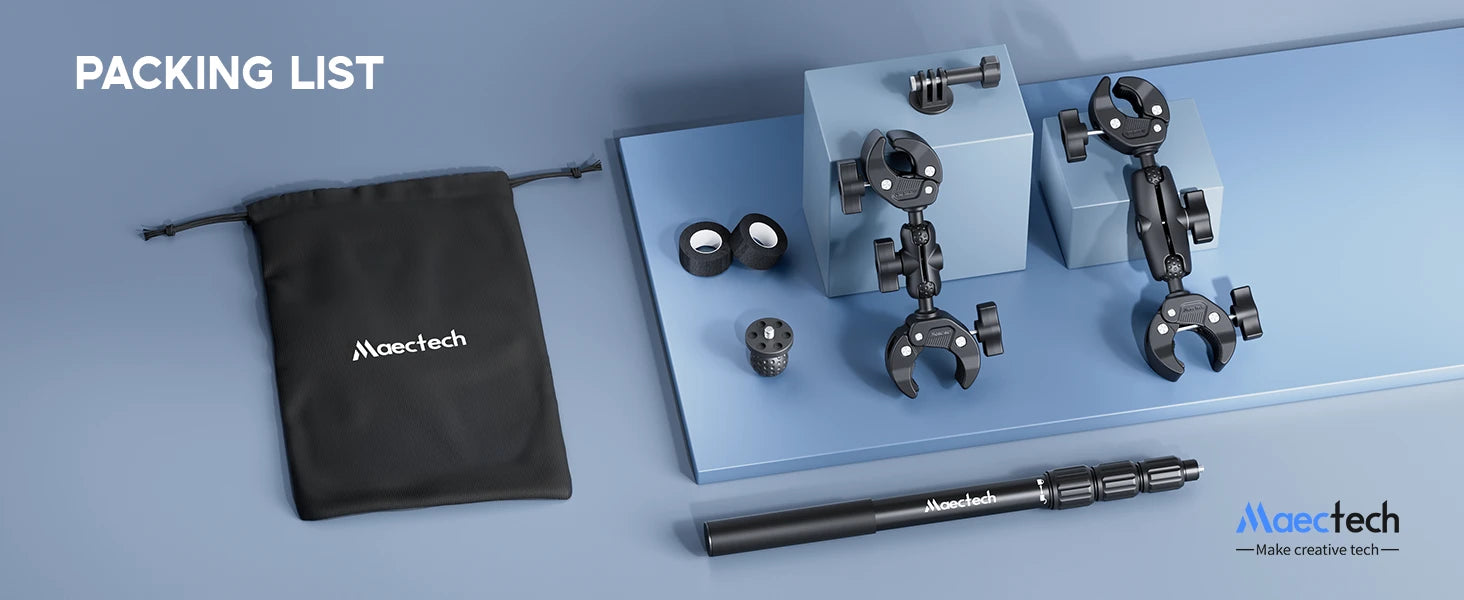 Packing list of Maectech bike and motorcycle camera mount accessories with mechanical components and a black drawstring bag on a blue background.