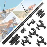 Black adjustable camera mounting rod with multiple attachment heads, used as a motorcycle camera mount or bike mount, displayed on a white background.