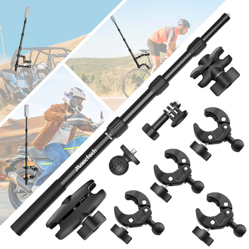 Black adjustable camera mounting rod with multiple attachment heads, used as a motorcycle camera mount or bike mount, displayed on a white background.