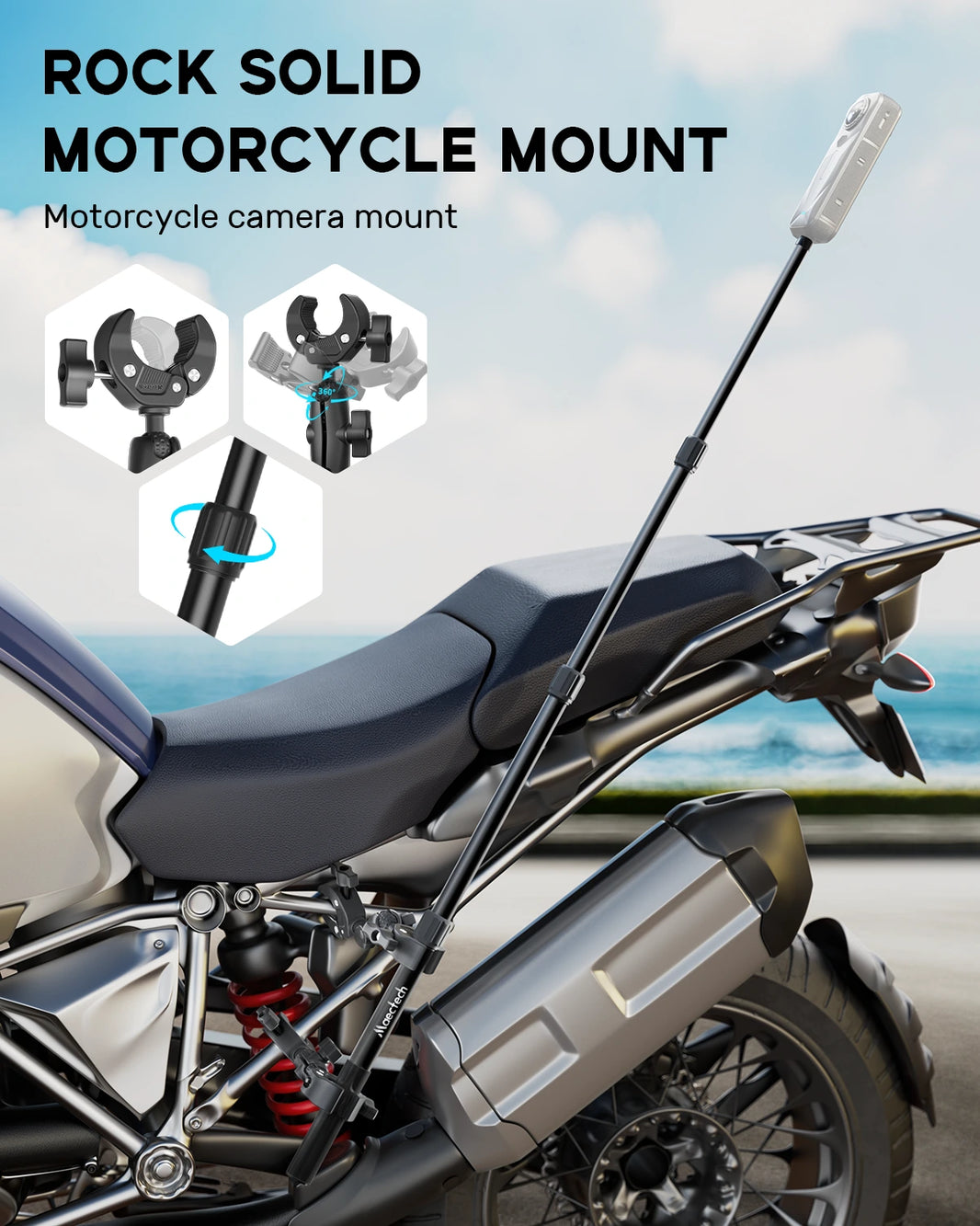 Motorcycle camera mount on a motorcycle with a clear sky background