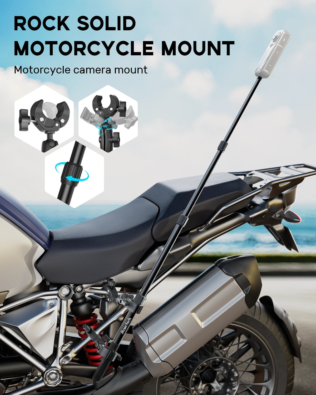Motorcycle camera mount on a motorcycle with a clear sky background