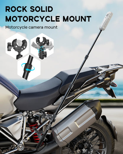 Motorcycle camera mount on a motorcycle with a clear sky background