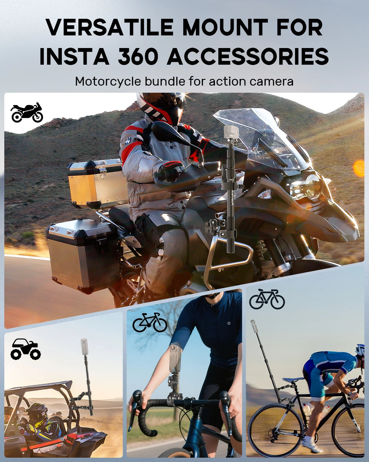 Motorcycle and bike mount for Insta 360 accessories with scenic background