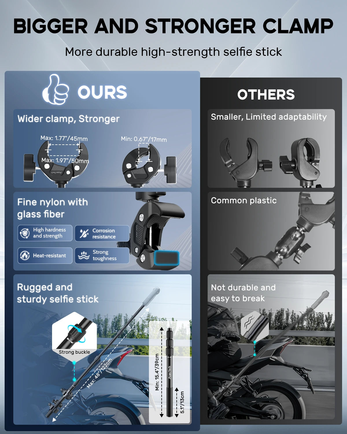 Maectech high-strength selfie stick with a wider clamp and reinforced durable design compared to other camera mount options.