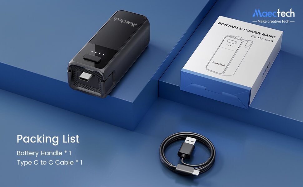 Maectech Pocket 3 battery handle package includes the battery grip, charging cable, and instruction manual