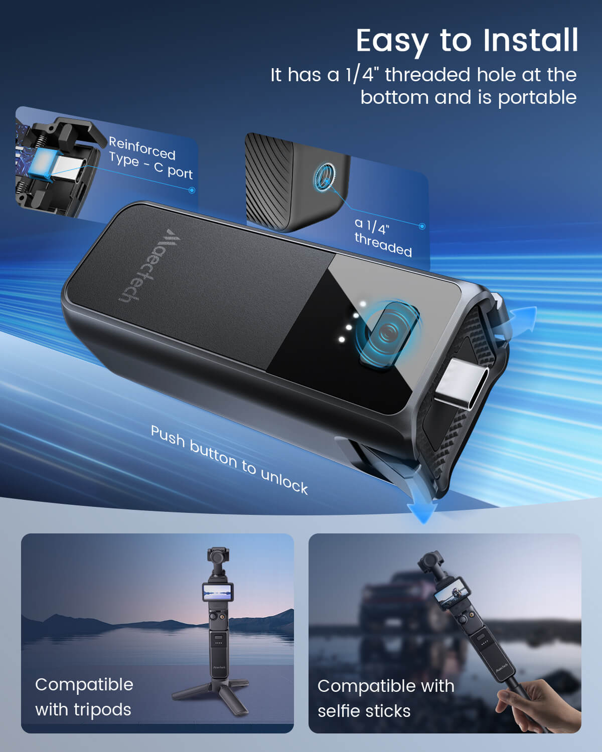 Maectech Pocket 3 battery handle with easy installation, features 1/4" tripod mount at the bottom for added portability