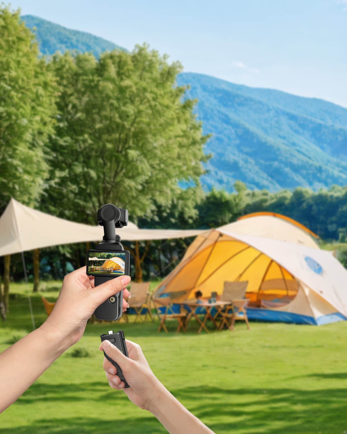 Maectech battery handle for Pocket 3 used in outdoor filming, perfect for travel, hiking, and on-the-go content creation