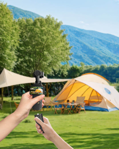 Maectech battery handle for Pocket 3 used in outdoor filming, perfect for travel, hiking, and on-the-go content creation