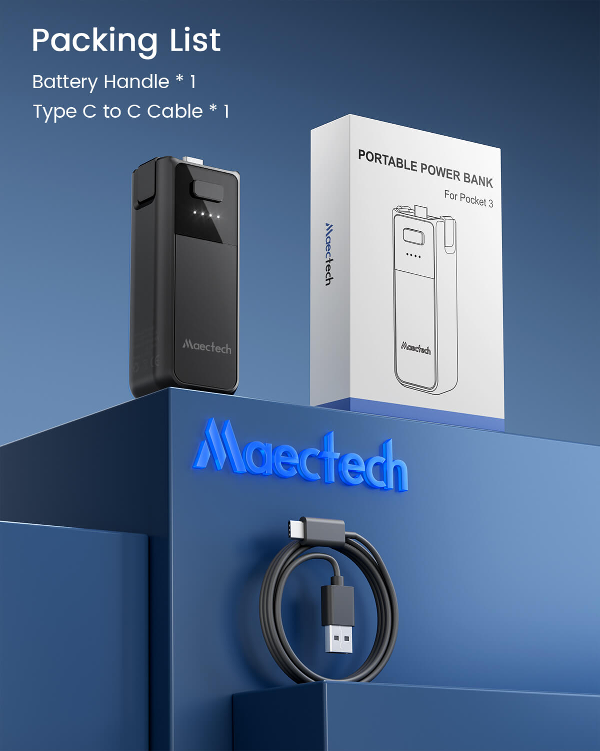 Maectech Pocket 3 battery grip packing list includes battery handle, charging cable, and user manual
