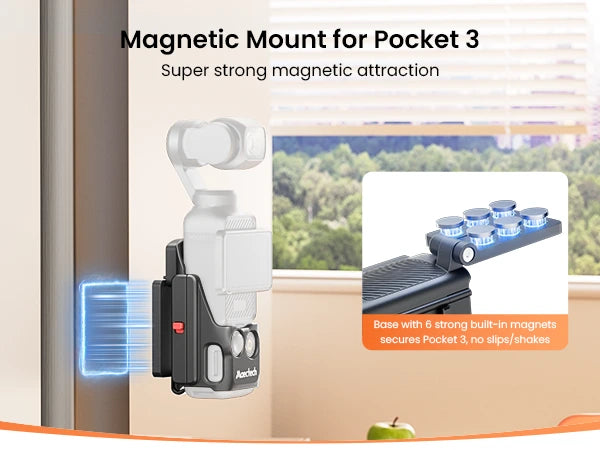 Maectech magnet holder mount for Pocket 3 device with text highlighting strong magnetic attraction.