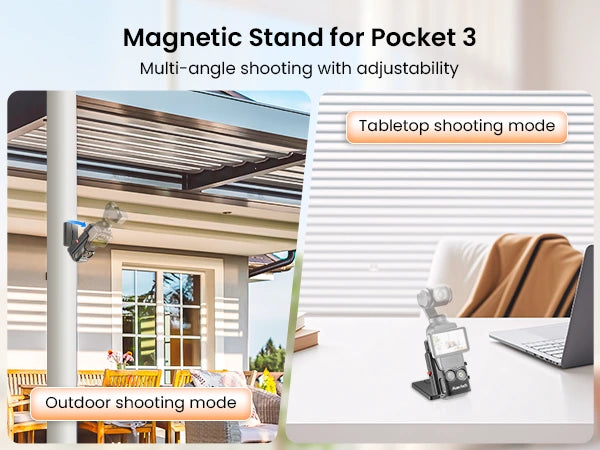 Magnetic DJI Pocket 3 stand with dual-mode height/angle adjustment for quick swaps between outdoor magnetic mounting and tabletop tripod use.