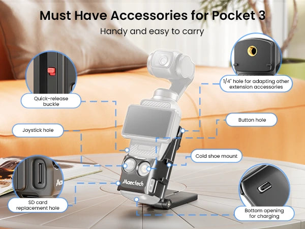 Camera accessories for Pocket 3 device with labeled features on a table.
