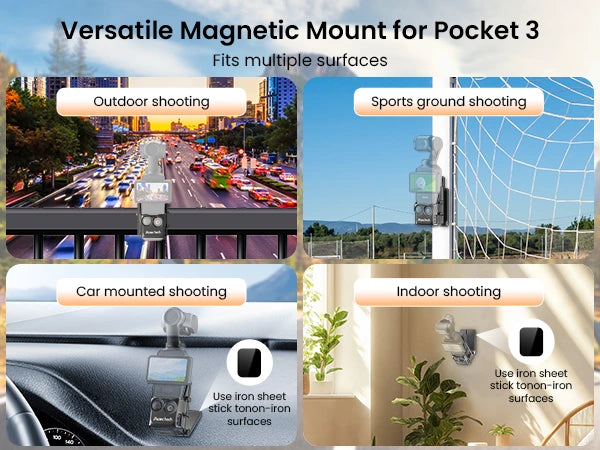 Versatile magnetic mount for Pocket 3 with applications on various surfaces.