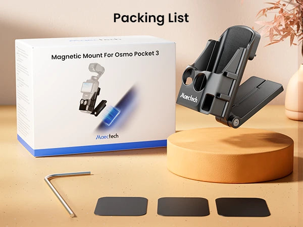 Maectech magnetic mount for Osmo Pocket 3 with packaging and accessories on a wood-colored surface.