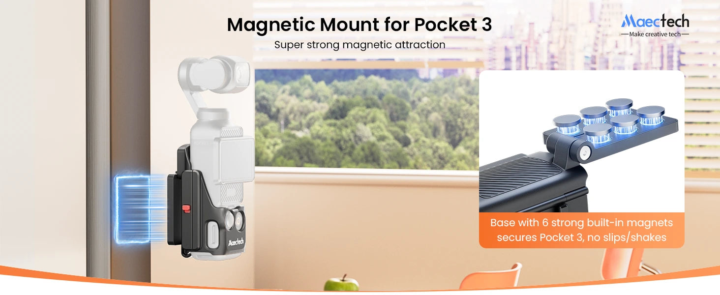 Magnetic mount for Pocket 3 with Moectech branding, showing its use on a window.