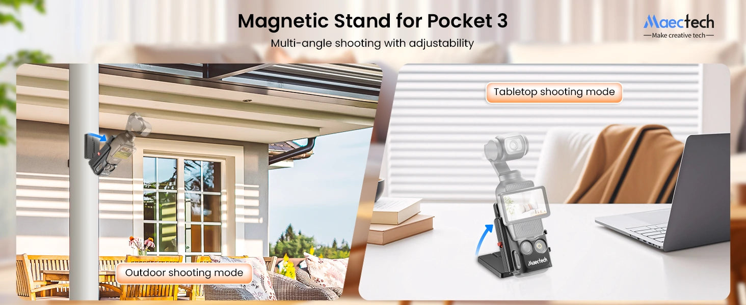 This magnetic stand is perfect for the Pocket 3. It has adjustable modes for shooting outdoors and at tabletops.