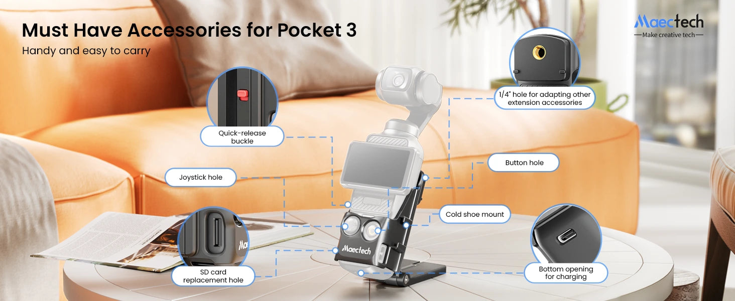 Accessories for Osmo Pocket 3 on a table with a couch in the background