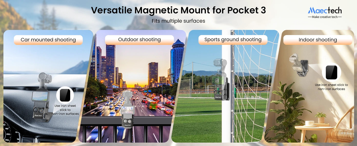 Versatile magnetic mount for Pocket 3 with various usage scenarios.