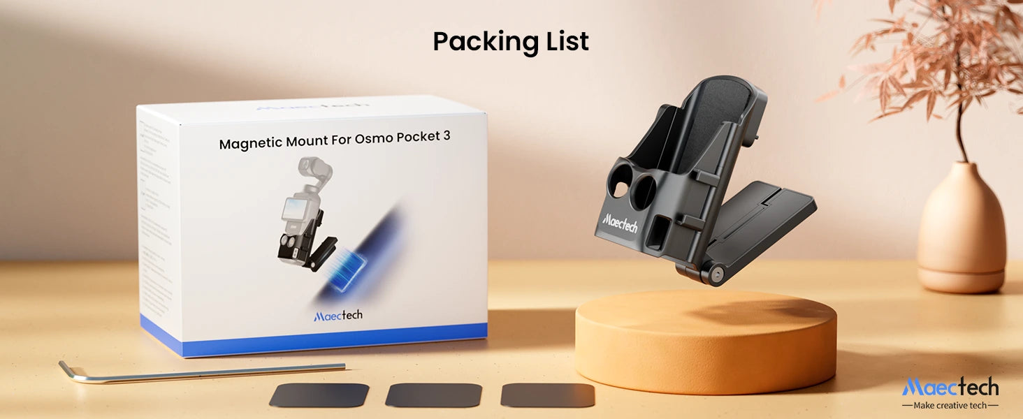 Packing list for Osmo Pocket 3 magnetic mount with box, mount, and tools on a wooden surface.