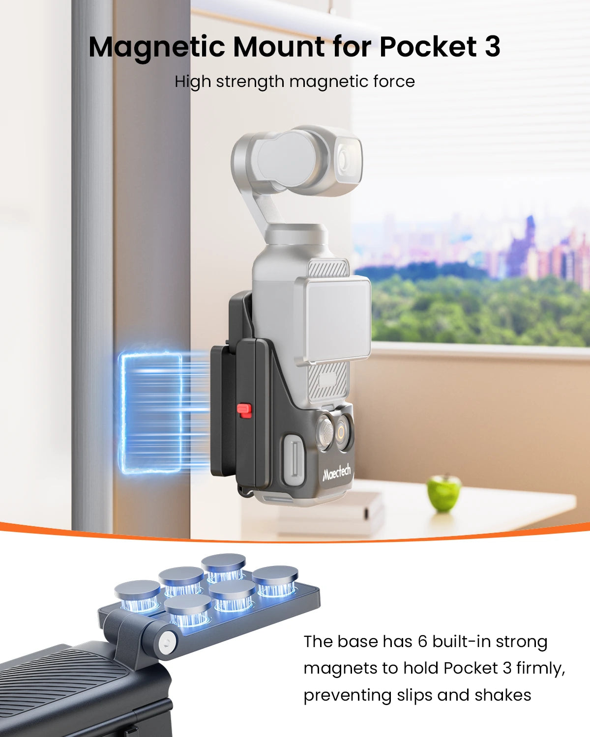 Magnetic mount for Pocket 3 device with text highlighting high strength magnetic force and built-in magnets.