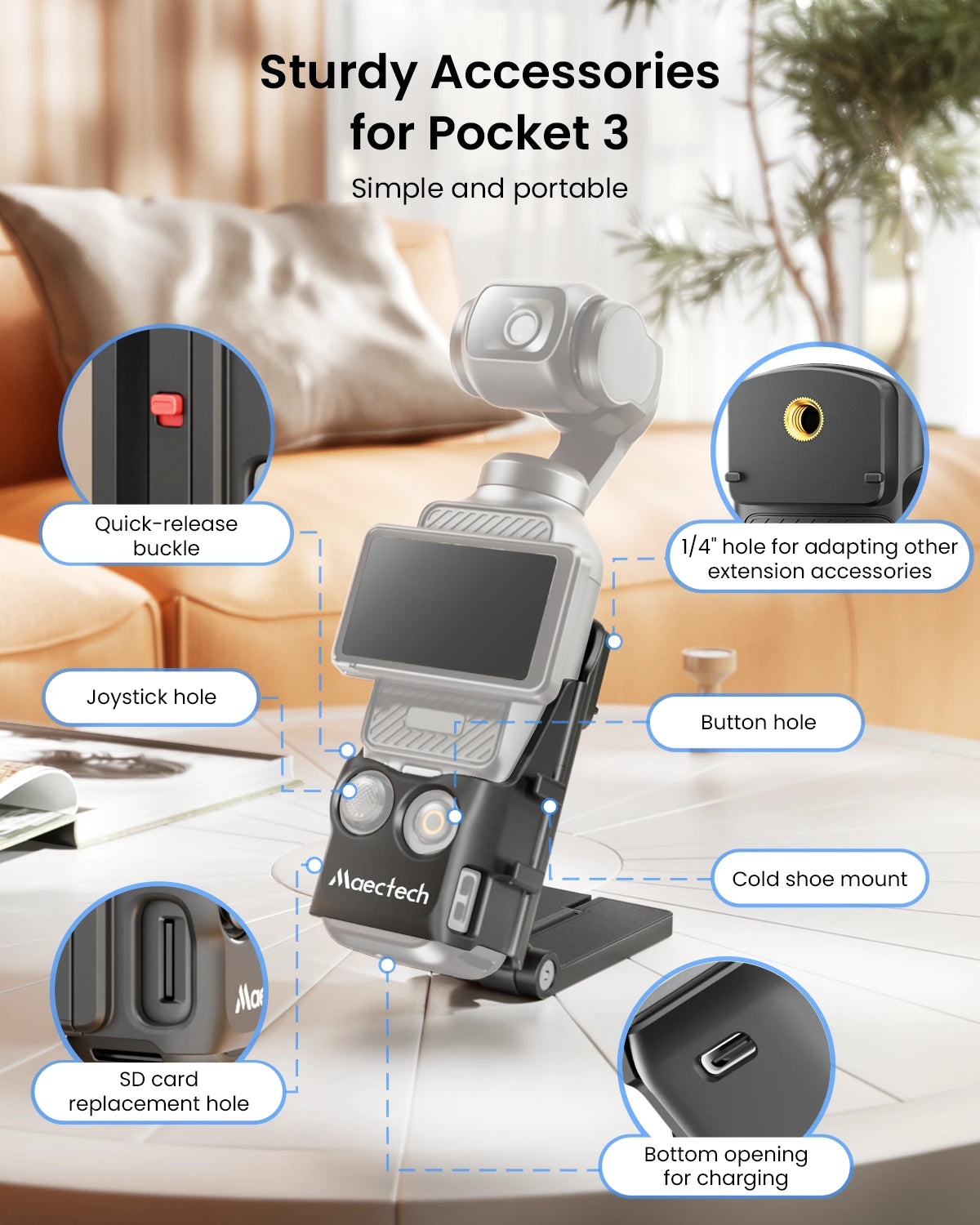 Sturdy accessories for Pocket 3 device with labeled features on a blurred background.