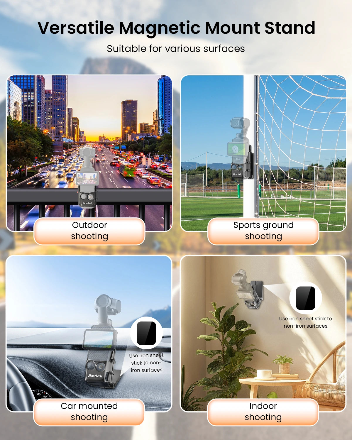 Versatile magnetic mount stand with applications for outdoor, sports ground, car, and indoor shooting.