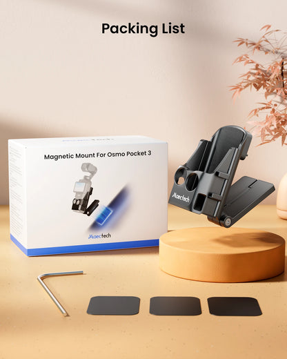 Magnetic mount for Osmo Pocket 3 with packaging and accessories on a wood-colored surface.