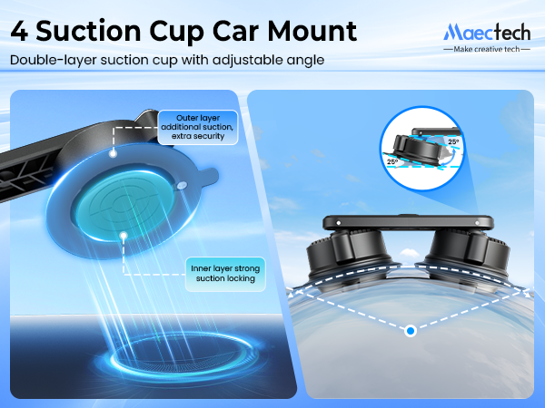 4 Suction Cup Car Mount with Maectech branding on a blue background