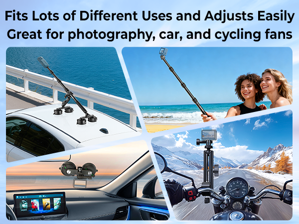 Collage of Upgraded Thickened Selfie Stick  with text about its uses for photography, car, and cycling fans.