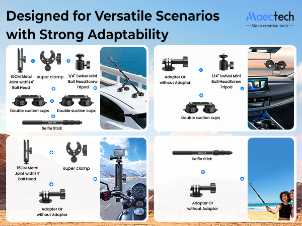 Set of camera accessories with text 'Designed for Versatile Scenarios with Strong Adaptability' and 'Maectech' branding.