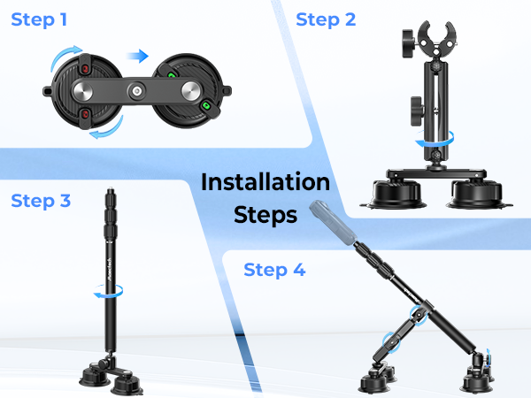 Step-by-step installation guide for a suction cup car mount kit on a white background