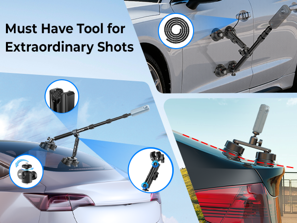 Adjustable Double-Layer Suction Cup for Insta360 X5 on a car, surrounded by text and icons.