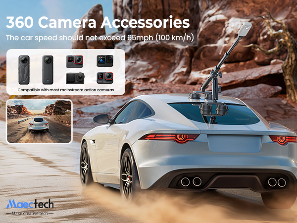 360 camera accessories for cars on a desert road with Maectech branding.