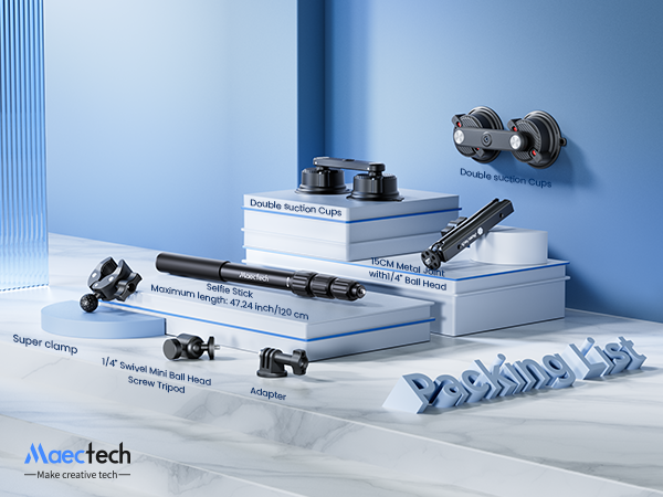 A packing list of action camera mounts on a white background with a blue gradient, featuring the Maectech brand.